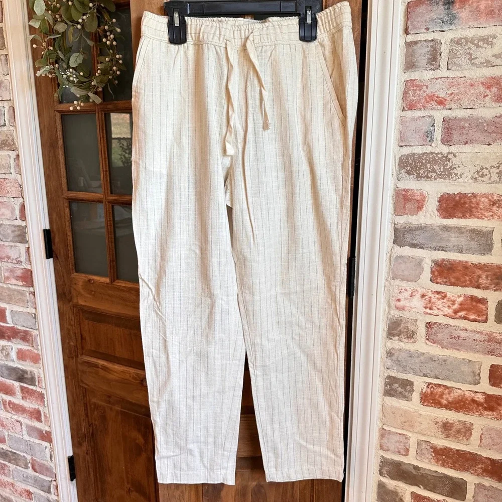 Zara Striped Drawstring Pants Womens XL 34x28 Cream Cotton Blend Straight Leg